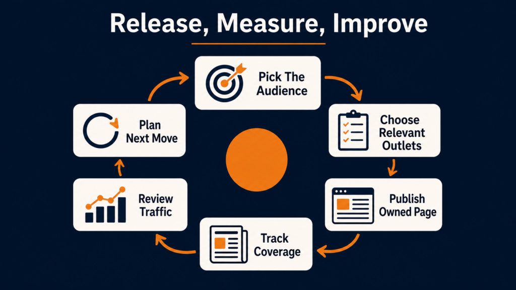 Press release SEO measurement loop for distribution, coverage tracking, referral traffic, and next-step planning