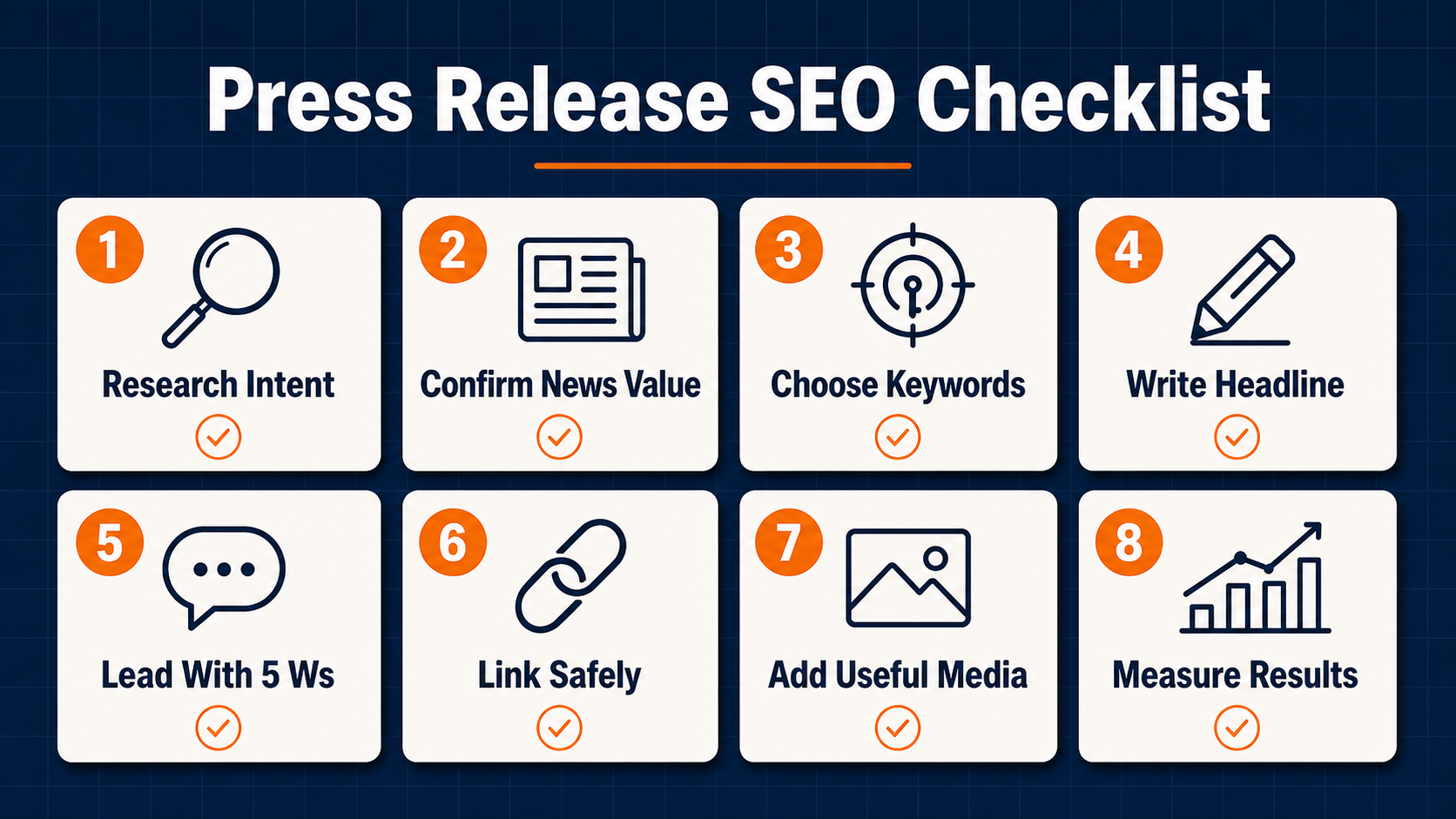 Press release SEO checklist showing eight steps for optimizing announcements for search