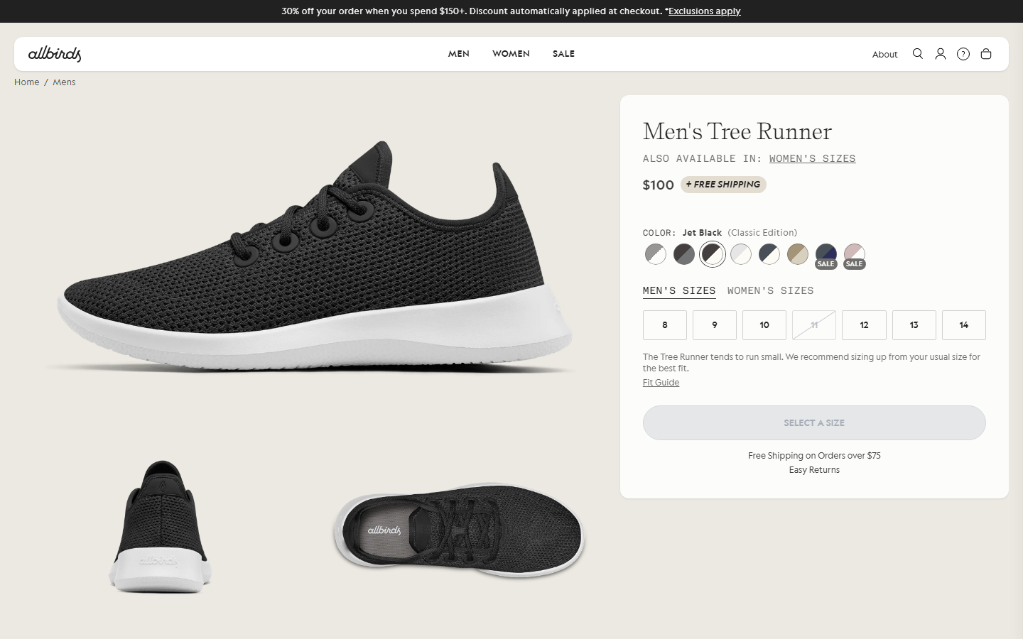 Ecommerce product page with reviews, sizing, free shipping, and easy returns placed near the buy button, a conversion rate optimization trust example