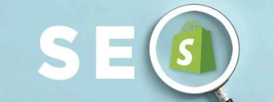 Shopify SEO services graphic with search letters and a Shopify shopping bag