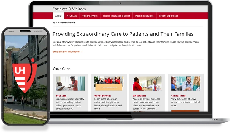 University Hospitals healthcare SEO case study showing patient pages and search growth results
