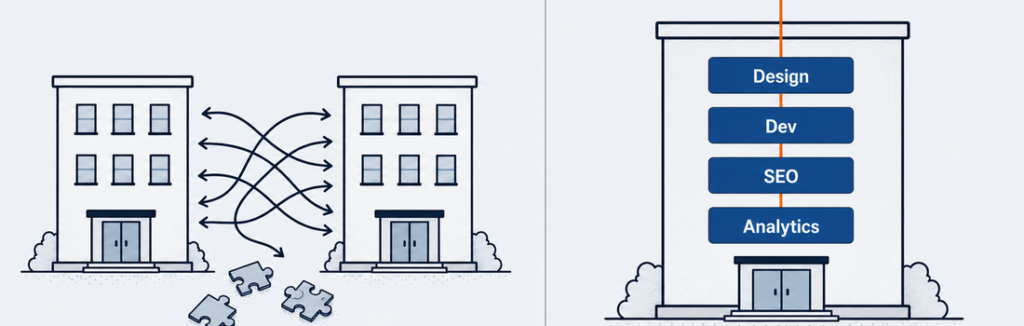 Website design and SEO under one team — split illustration contrasting a fragmented two-vendor agency model with a single accountable web design and SEO team