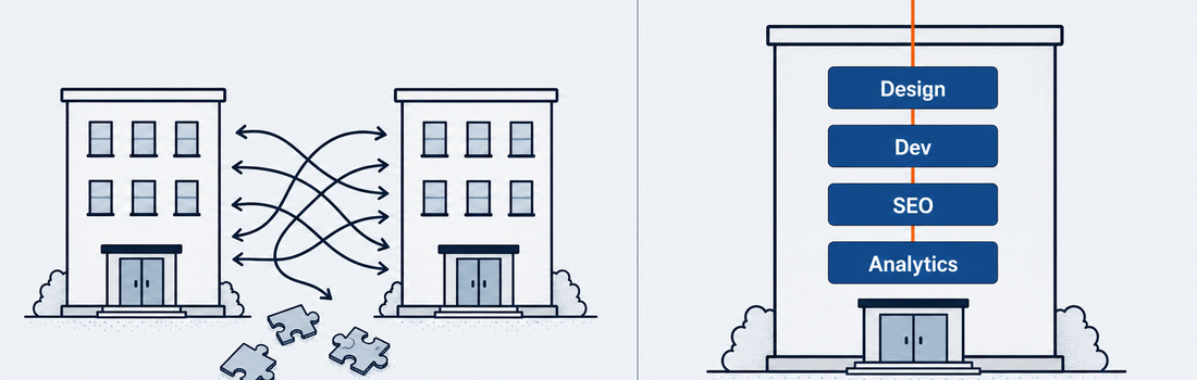 Website design and SEO under one team — split illustration contrasting a fragmented two-vendor agency model with a single accountable web design and SEO team