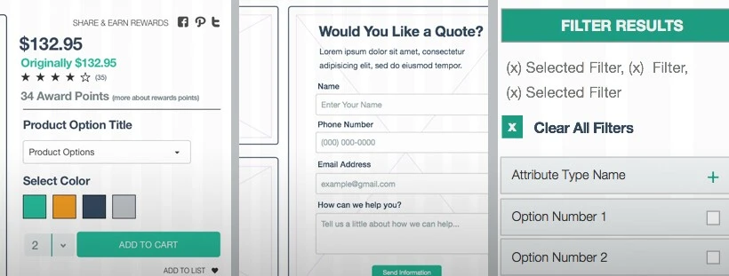 Website wireframe examples for product options, quote form, and filter results