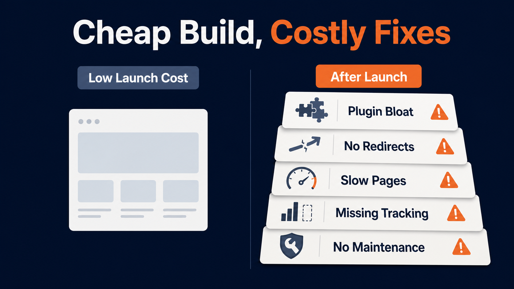 Cheap WordPress website build risks including plugin bloat missing redirects slow pages missing tracking and no maintenance