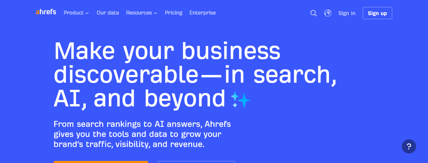 Ahrefs SEO tool homepage highlighting backlink, keyword, competitor, and AI visibility research features