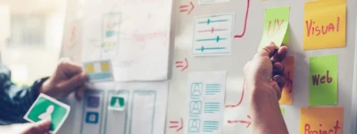 B2B web design services planning wall with UX notes and wireframes