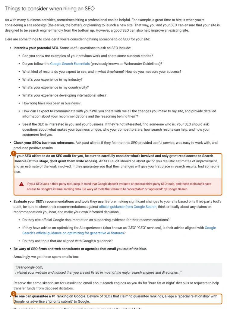 Google Search Central guidance on hiring an SEO company: ask for an SEO audit and remember no one can guarantee a number one ranking
