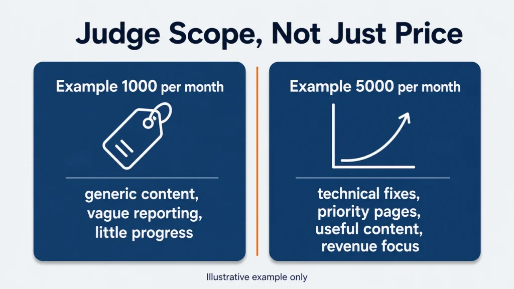 SEO pricing comparison showing why scope matters more than monthly price when choosing an SEO company