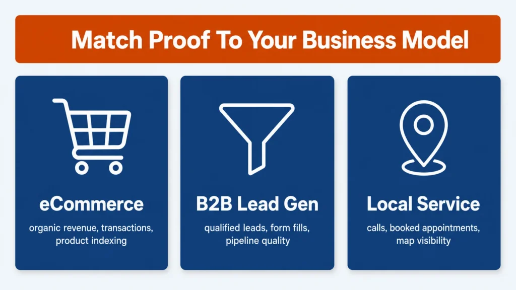 What SEO case-study proof to ask for when choosing an SEO company, by business model: ecommerce, B2B lead generation, and local service