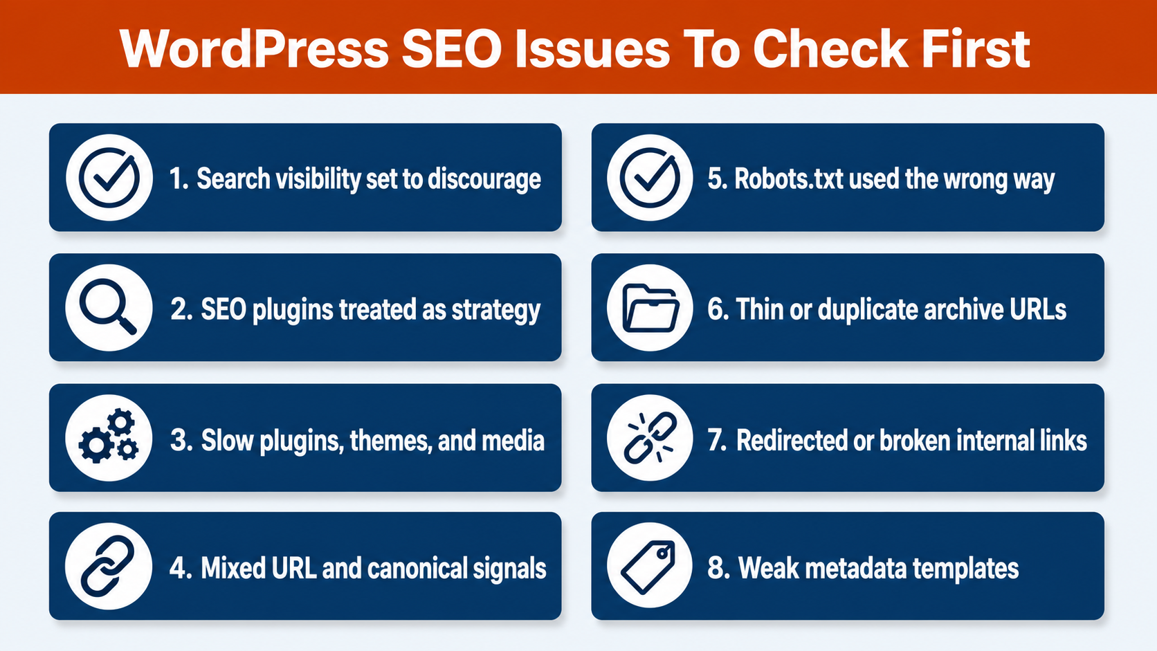 Checklist of common WordPress SEO issues to check first, including search visibility, plugins, site speed, URL signals, and metadata templates