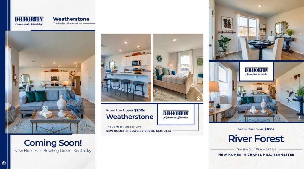 D.R. Horton new-home social media advertising creative featuring model homes and the D.R. Horton wordmark