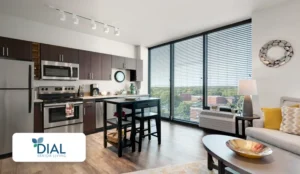 Modern apartment interior at Dial Senior Living with open kitchen and living area