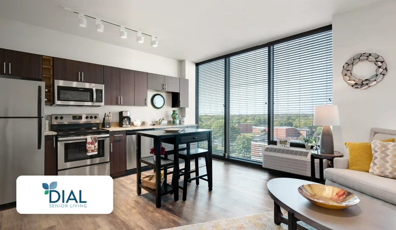 Modern apartment interior at Dial Senior Living with open kitchen and living area