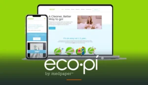 The eco-pi by medpaper healthcare product website shown on laptop and phone, with the official eco-pi by medpaper wordmark on the brand's lime-green field