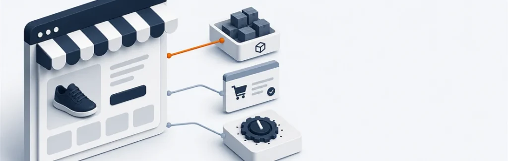 eCommerce management shown as an operating system linking an online storefront to backstage inventory, orders, and store settings