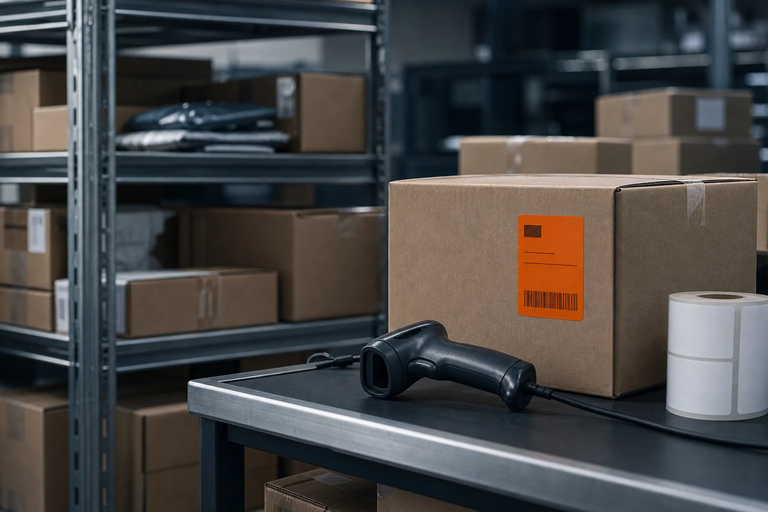 eCommerce order and inventory management at a fulfillment shelf with cartons, a barcode scanner, and a shipping label