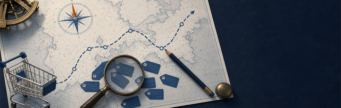 Nautical chart desk with compass, magnifier, and keyword tag cards illustrating eCommerce keyword mapping