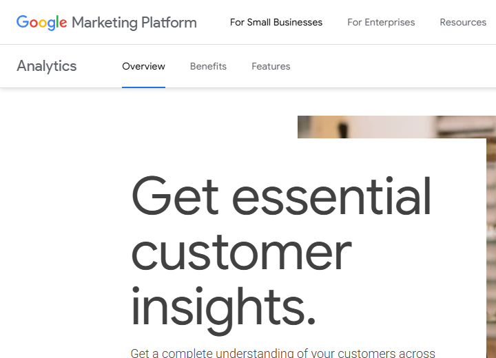 Google Analytics 4 product page for behavior and conversion tracking in SEO reporting