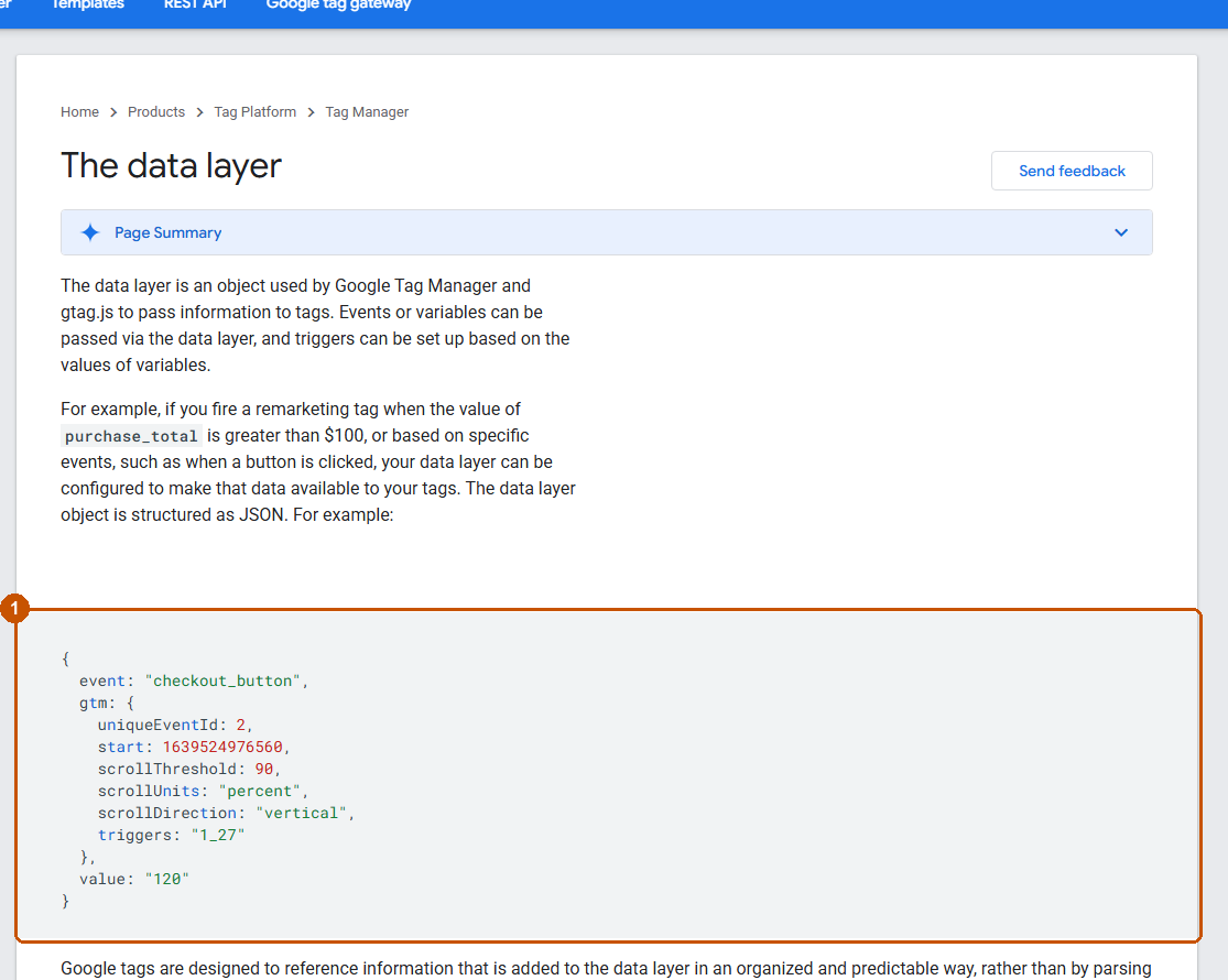 Google Tag Manager data layer documentation showing a dataLayer.push code example for passing variables and events