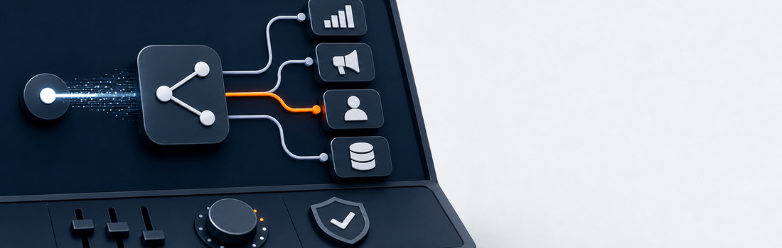Google Tag Manager as a governed control room routing website measurement signals into organized analytics channels