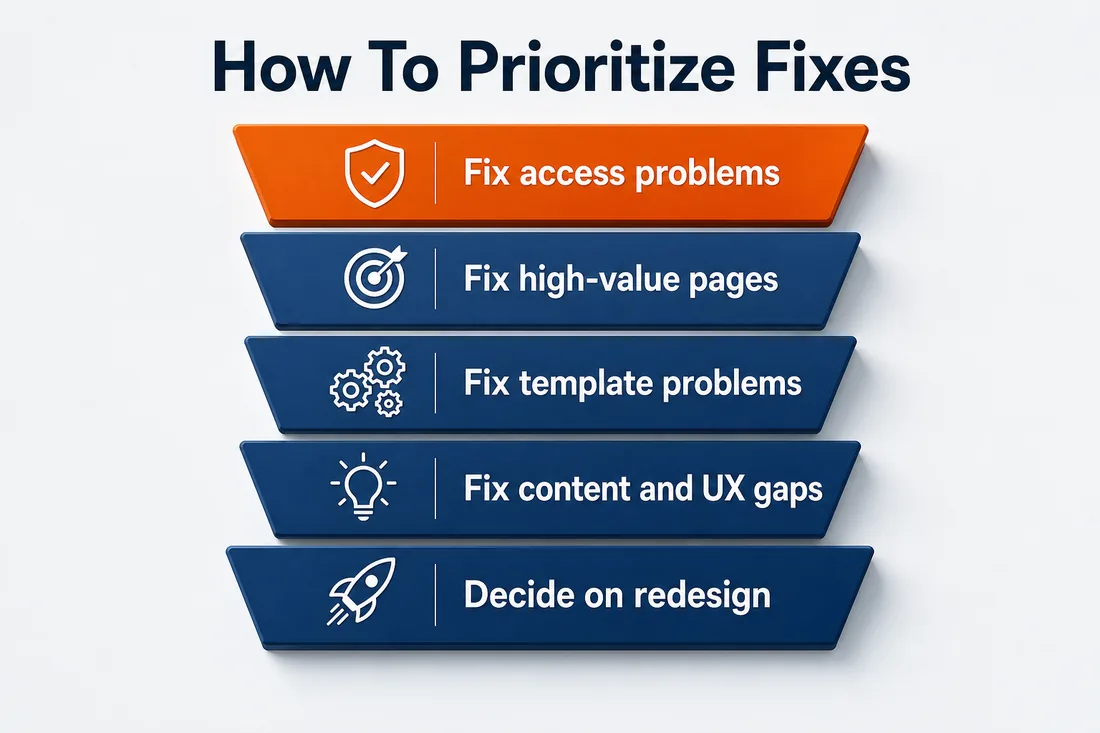 How to prioritize website audit fixes in five tiers, from access problems to a redesign decision