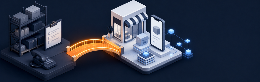 Isometric illustration of B2B ecommerce transformation from legacy operations to modern digital commerce