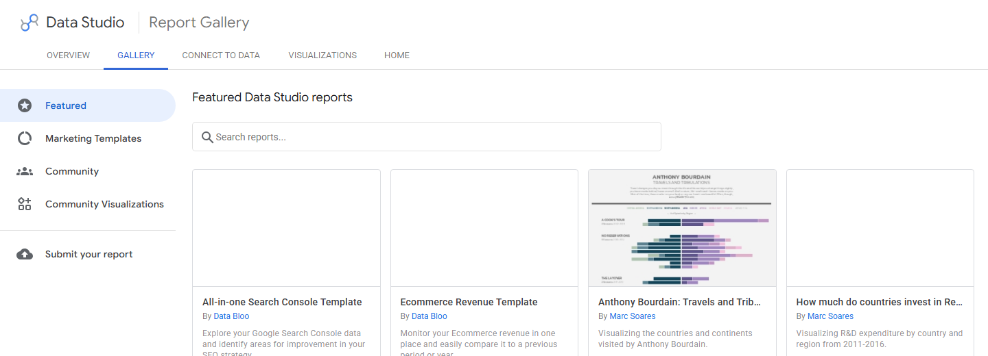 Looker Studio report gallery with SEO dashboard and shared reporting templates