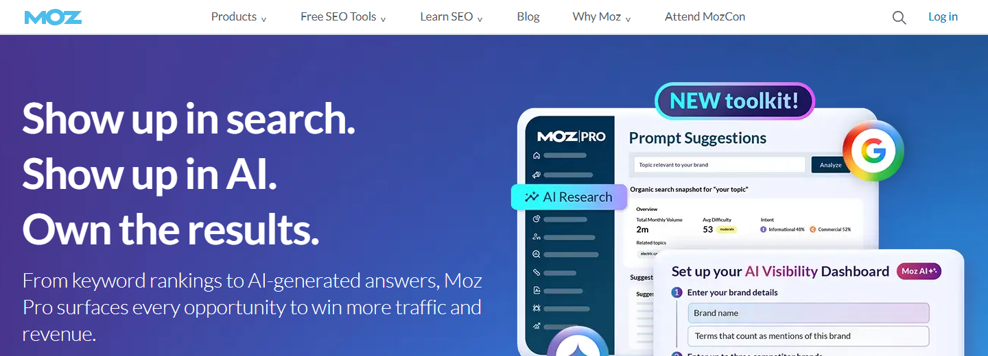 Moz Pro SEO software showing keyword research, rank tracking, and AI visibility fundamentals