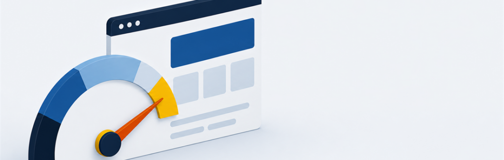 Page speed metrics guide for SEO with a speed gauge and a fast-loading web page