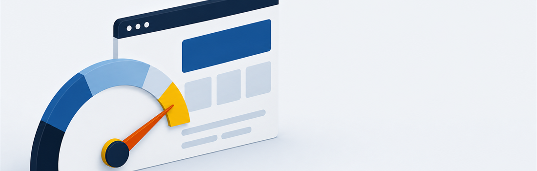 Page speed metrics guide for SEO with a speed gauge and a fast-loading web page