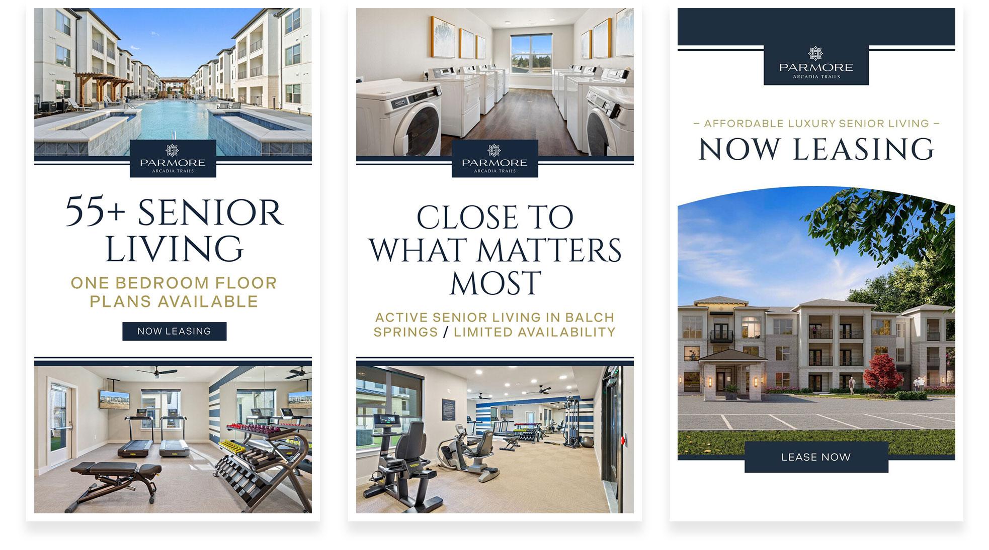 Parmore Arcadia Trails 55+ senior-living paid advertising creative promoting affordable senior living now leasing