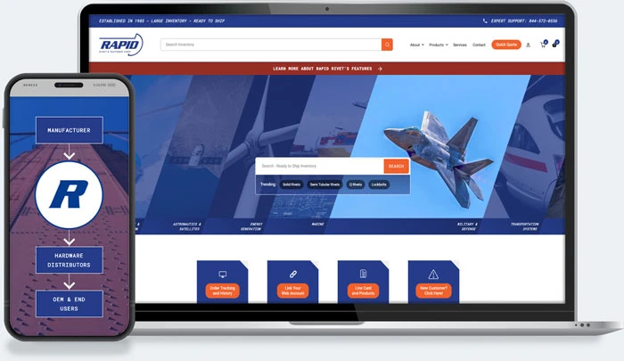 Rapid Rivets distributor marketing case study showing product search and quote-path results