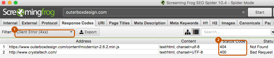 Screaming Frog filtered to Client Error 4xx response codes showing 404 broken internal links on a WordPress site