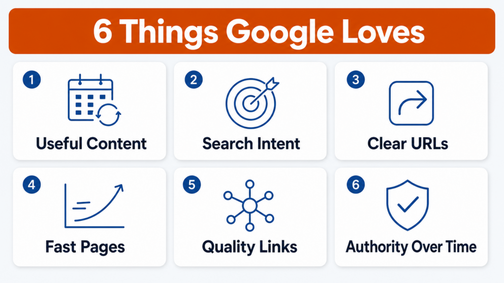Six SEO things Google loves: useful content, search intent, clear URLs, fast pages, quality links, and authority over time