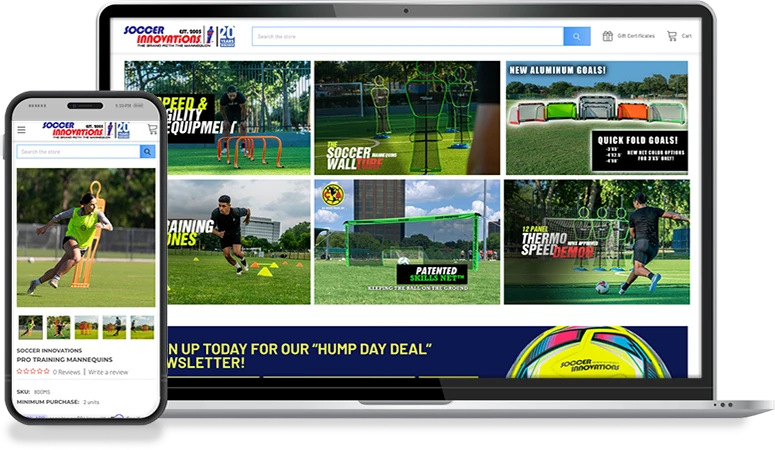 Soccer Innovations Dallas SEO case study showing ecommerce pages on laptop and mobile