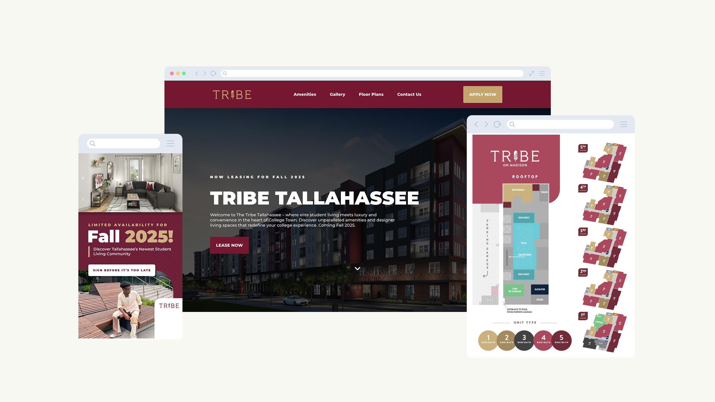The Tribe Tallahassee website, mobile ad, and floor-plan creative produced for the leasing campaign