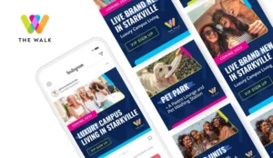 The Walk student housing brand identity and social-ad campaign creative with the colorful W logo and a fan of Instagram social ad templates promoting luxury campus living
