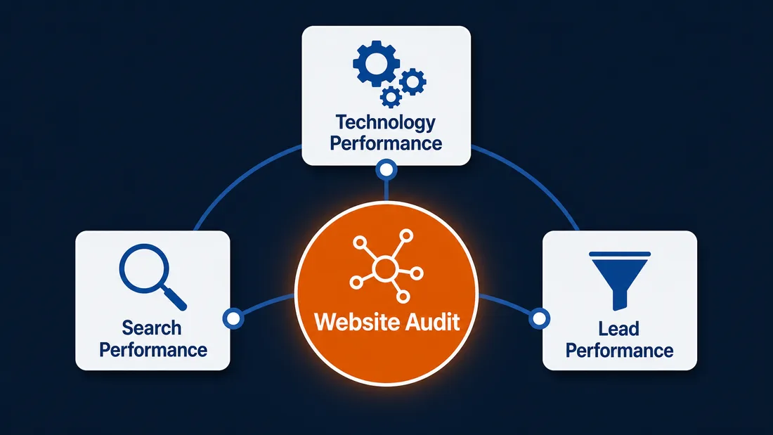 Website audit checklist diagram showing how to conduct a website audit across technology, search, and lead performance