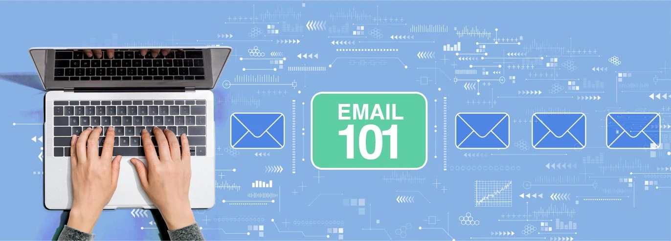 Email marketing basics graphic showing a laptop, Email 101 panel, and message icons
