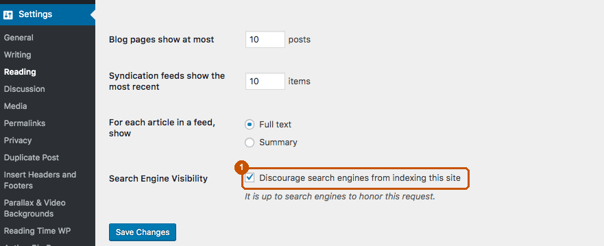 WordPress Reading settings with the Discourage search engines from indexing this site checkbox highlighted