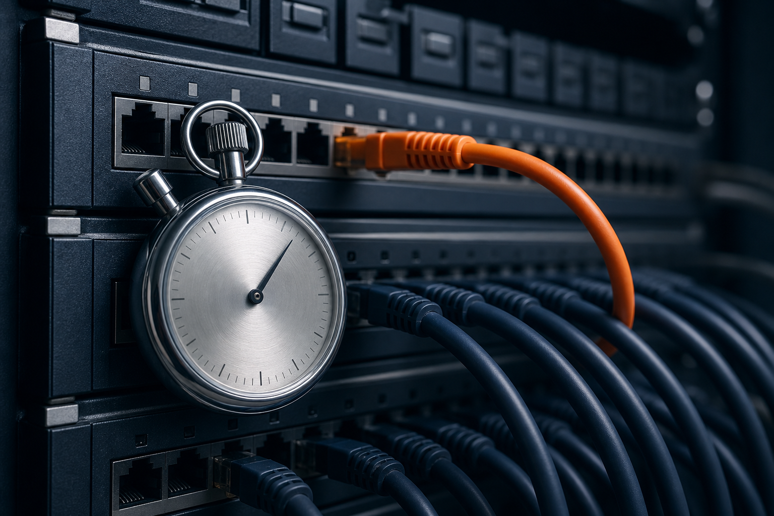 Stopwatch on a server patch panel representing WordPress site speed and Core Web Vitals performance work