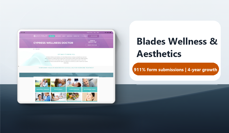 Blades Wellness & Aesthetics website shown on a tablet with four-year growth results
