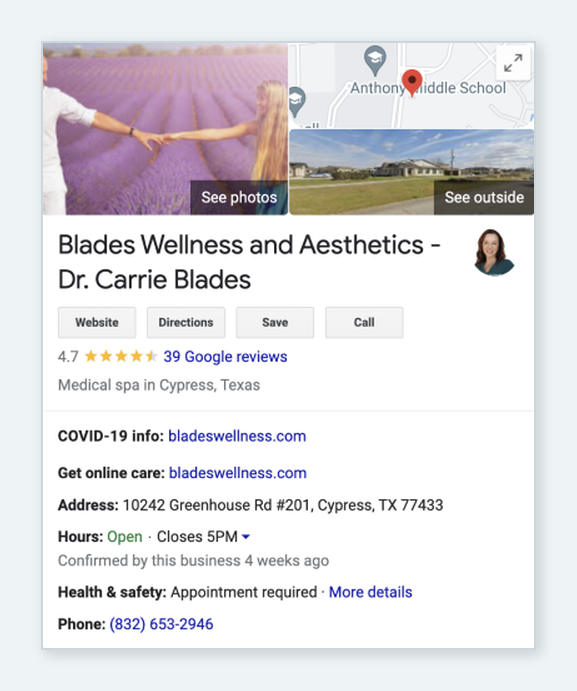 Blades Wellness Google Business Profile showing hours, updates, and local information