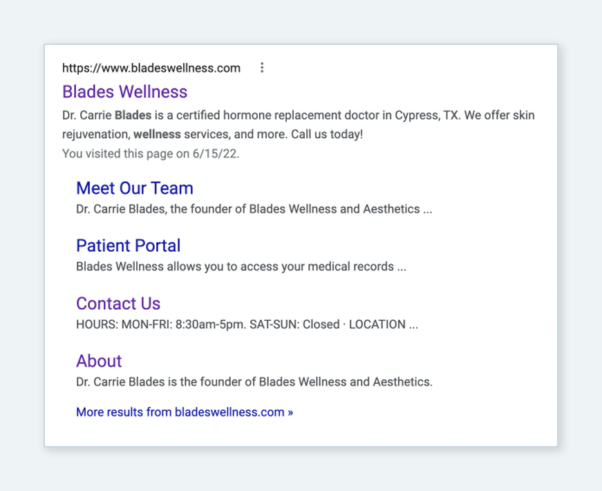 Blades Wellness organic search listing with expanded sitelinks and information extensions