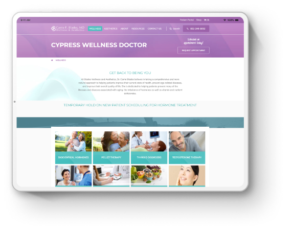The Blades Wellness & Aesthetics website shown on a landscape tablet