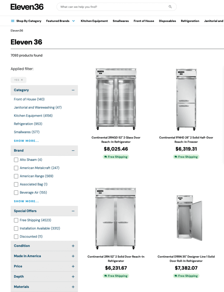 Eleven36 Made in USA product page with commercial refrigeration products