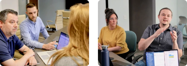 OuterBox team planning targeted email campaigns in office meetings