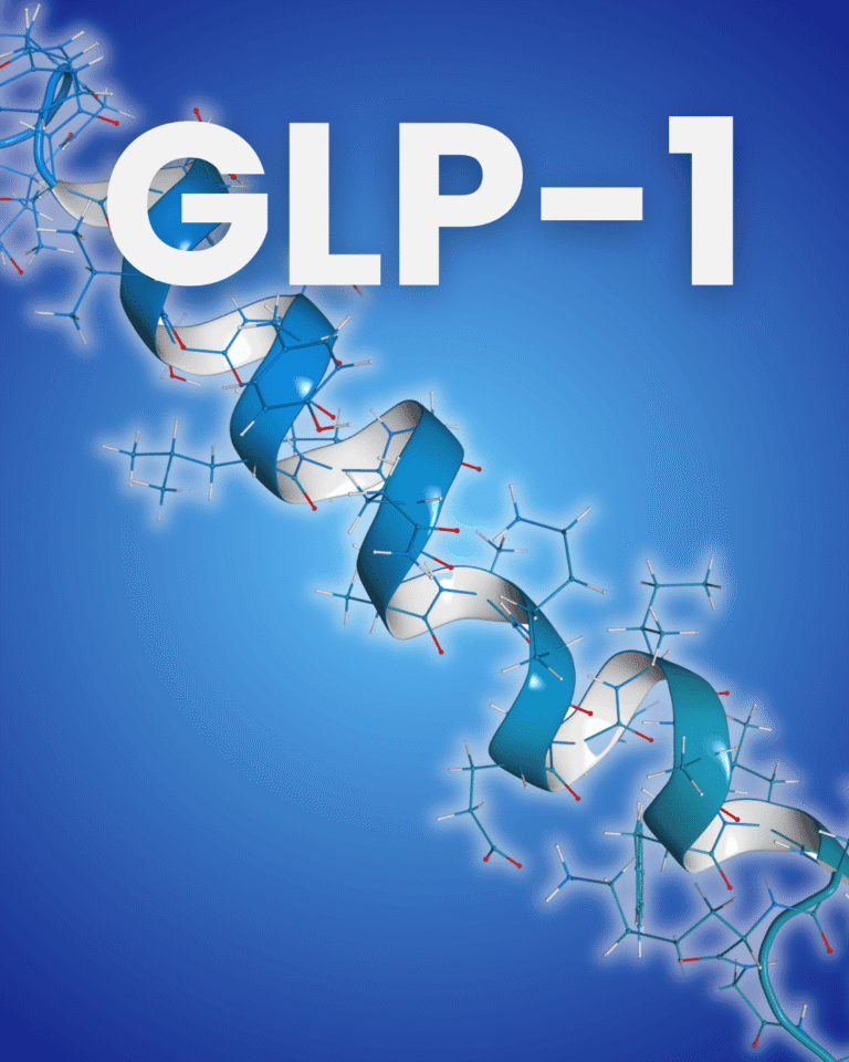 Illustration of the GLP-1 peptide molecule rendered as a ribbon structure on a blue background, labeled GLP-1.