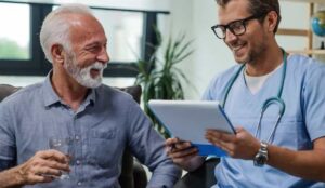 A clinician and a patient reviewing digitized medical records together on a tablet